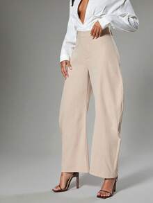 Hauture Women's Basic Casual Solid Asymmetrical Waist Oversized Barrel Pants - Brown - View 5