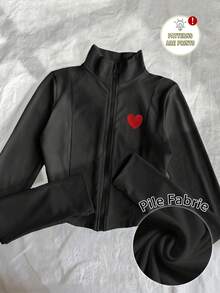 INAWLY Women's Heart Print Fleece Lightweight Jacket, Casual Street Style Zip-Up Slim Fit Long Sleeve Jacket For Autumn - Black - View 1