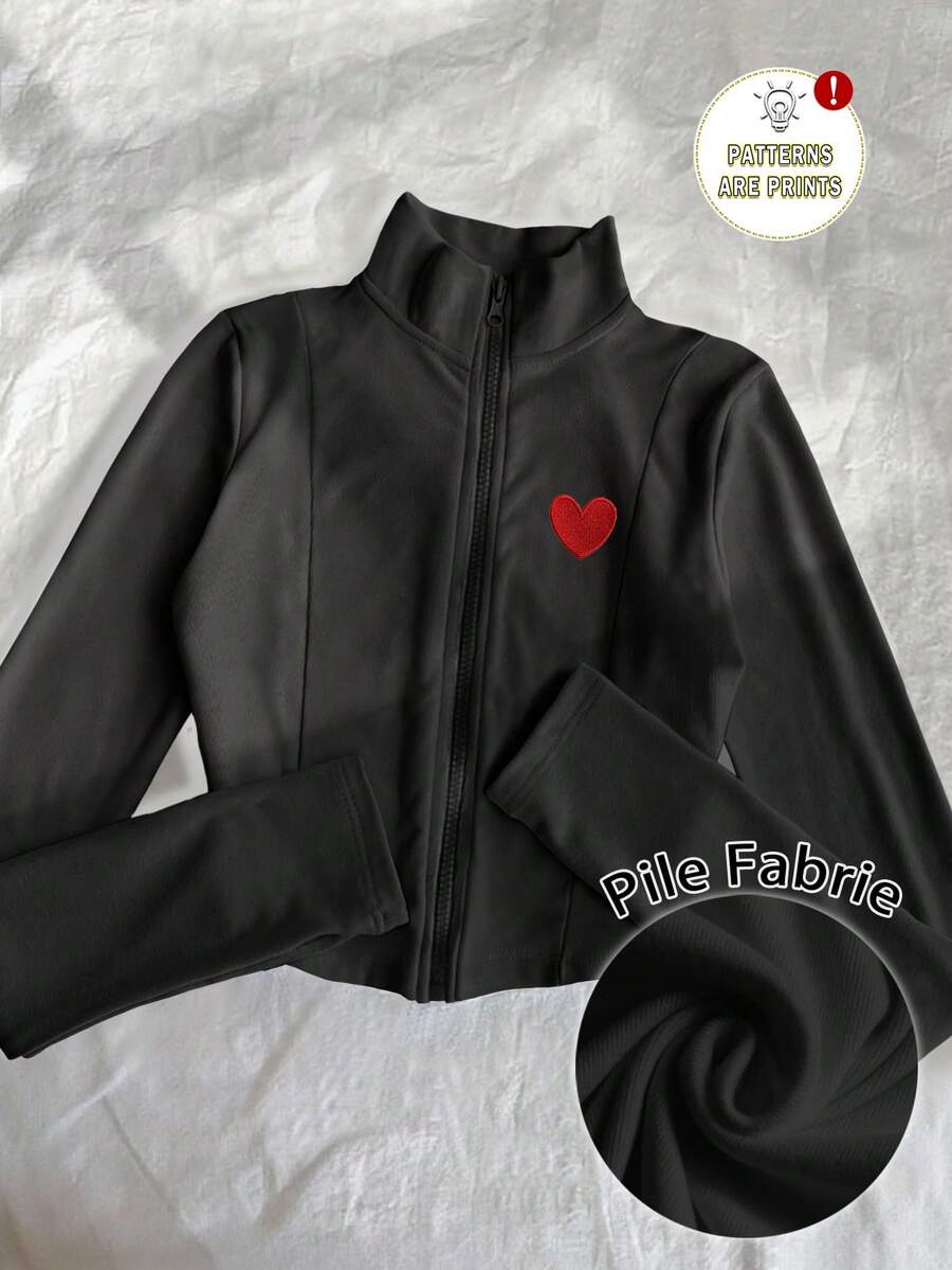 INAWLY Women's Heart Print Fleece Lightweight Jacket, Casual Street Style Zip-Up Slim Fit Long Sleeve Jacket For Autumn - Black - View 1