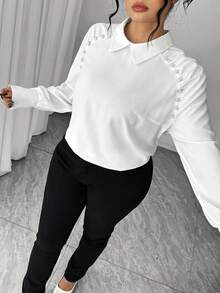 Elenzga Plus Size Asymmetrical Cut-Out Pleated Decor Button Down Long Sleeve Loose Blouse, Elegant For Outings, Commute, Dates, Gatherings - White - View 7