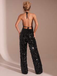 SHEIN Glamour 女款黑色亮片掛脖露背無袖上衣與長褲兩件套，70年代風格俱樂部派對夏季演唱會約會之夜高級優雅舞會套裝 - 黑色 - 查看 2