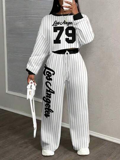 Slaydiva Women's Casual Street Style Team Striped Black & White Contrast 79 Number & English Letter Print Pattern Loose Sporty 2 Pieces Set, Suitable For Autumn/Winter, Travel, Airport Outfit, Chic