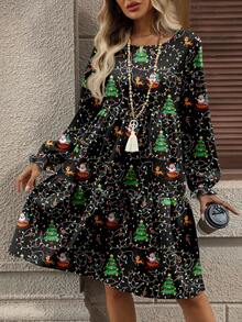 EMERY ROSE Christmas Casual Minimalist Ditsy Floral Print Loose Fit Round Neck Plus Size Dress, Suitable For Autumn/Winter New Year Party