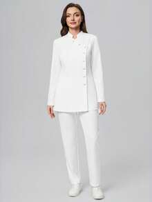 Scrubzie 2pcs Anti-Wrinkle Collared Long Sleeve Women's Scrub Uniform Top And Pants Set - White - View 8