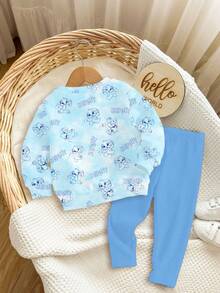 2件套女婴可爱卡通兔子图案扎染蓝色卫衣和打底裤套装，休闲舒适加厚柔软圆领套头衫和修身裤，适合秋冬季日常穿着 - 彩色 - 查看 2