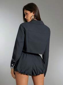 Denimoi Chaqueta corta con cremallera, cuello y bolsillo con solapa, chaqueta de moda - Gris Oscuro - Ver 5