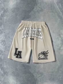 SHEIN Coolqubz Teen Boys' Breathable Mesh Fabric English Text & Basketball Design Loose Fit Casual Sports Shorts