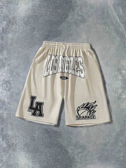 SHEIN Coolqubz Tonårspojkar, andningsbart nättyg med engelsk text och basketdesign, lös passform, avslappnade sportshorts