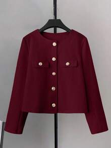 Franclia Red Front Button Elegant Jacquard Knit Long Sleeve Wool Blend Coat - Burgundy - View 1