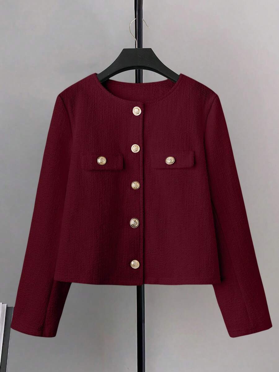Franclia Red Front Button Elegant Jacquard Knit Long Sleeve Wool Blend Coat - Burgundy - View 1
