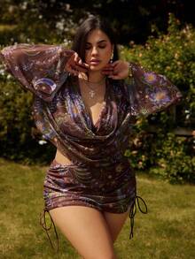 Swim Vcay Plus Size Vintage Random Print Maillard Color Casual Minimalist Resort Style Women Swimwear Set - Brown - View 6