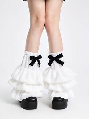 Kawaii 1 Pair White Solid Color Bow Decor Ruffle Splice Fashionable Minimalist Women Leg Warmers, Suitable For Anime, Casual, School, Date, Christmas And More