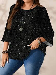 EMERY ROSE Blouse ample à col rond, manches 3/4, imprimé à pois et paillettes, pour femmes grandes tailles. Convient pour les fêtes - Multicolore - Voir 6