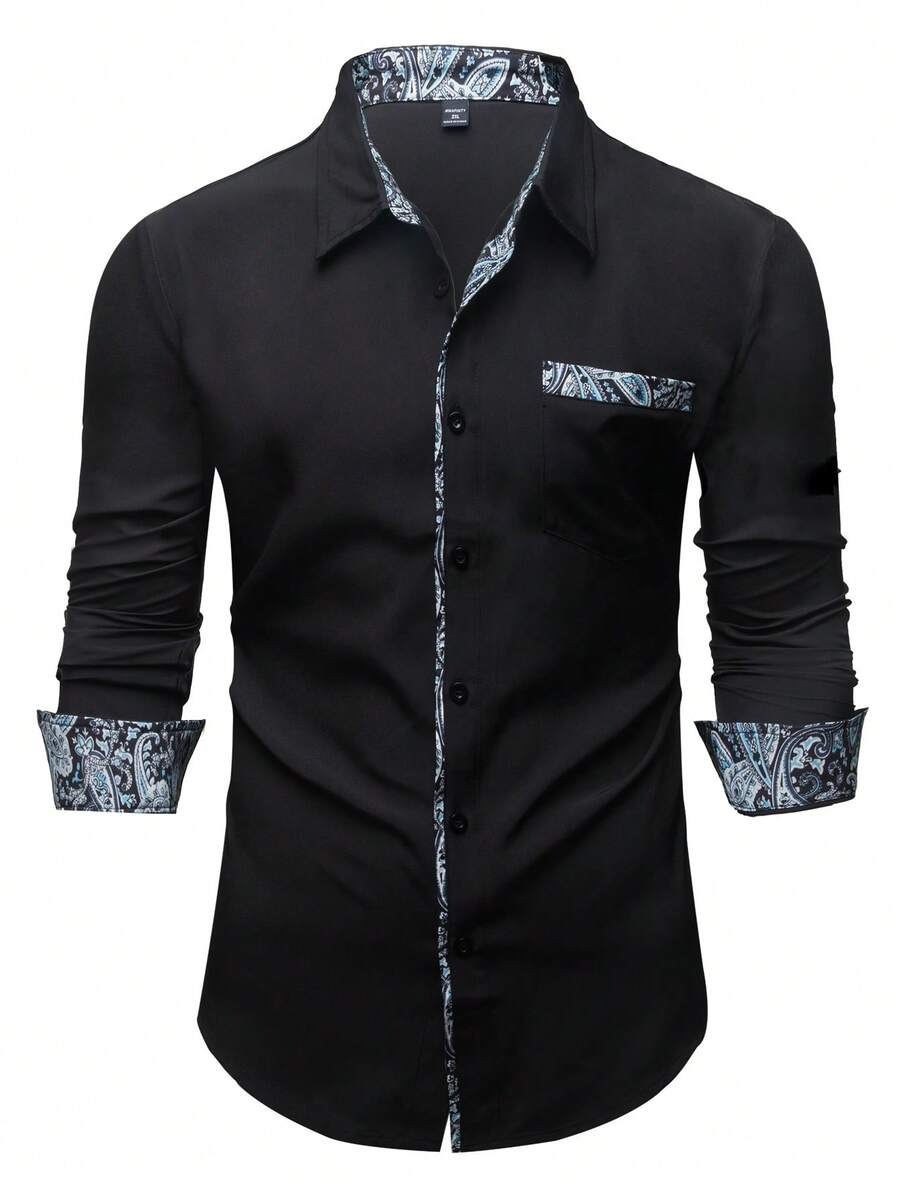 Calvornis Plus Size Men Patchwork Cashew Print Cuff Single-Breasted Casual Shirt, Formal, Ceremony - Black - View 1
