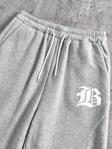 两件套休闲宽松字母印花连帽衫和直筒裤运动套装，适合青少年男孩，秋冬季街头风格穿着，可搭配休闲鞋或外套。 - 灰色 - 查看 6