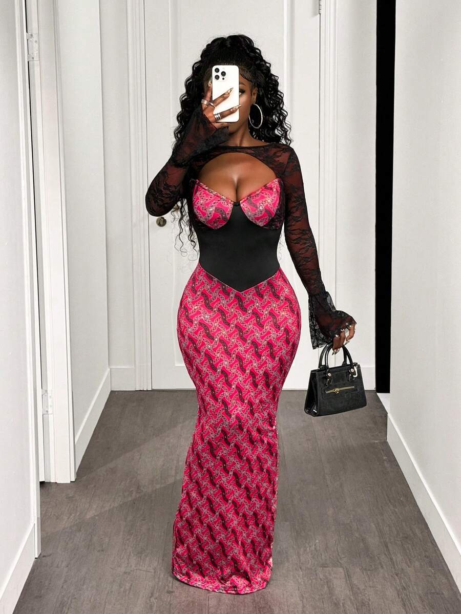 BamGleam 半透明网纱拼接几何花卉图案女装 - 玫紅色 - 查看 1