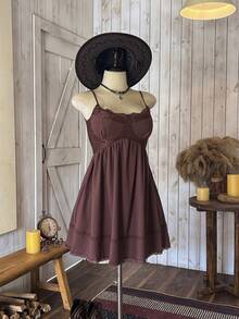 Wildy Robe mini casual pour femmes avec empiècement en dentelle et volants à l'ourlet, style occidental Saint John 2025 Tenues du 4 juillet, robes d'été pour femmes, robe de remise des diplômes, robe d'été, robes pour femmes, tenue de concert country pour femmes, robe bustier, robe en dentelle, vêtements occidentaux pour femmes, robe épaules dénudées, tenues country pour femmes, robe corset - Tabac - Voir 4