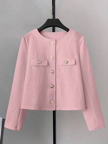 Franclia Women's Round Neck Single-Breasted Long Sleeve Elegant Casual Knit Cardigan - Baby Pink - View 1