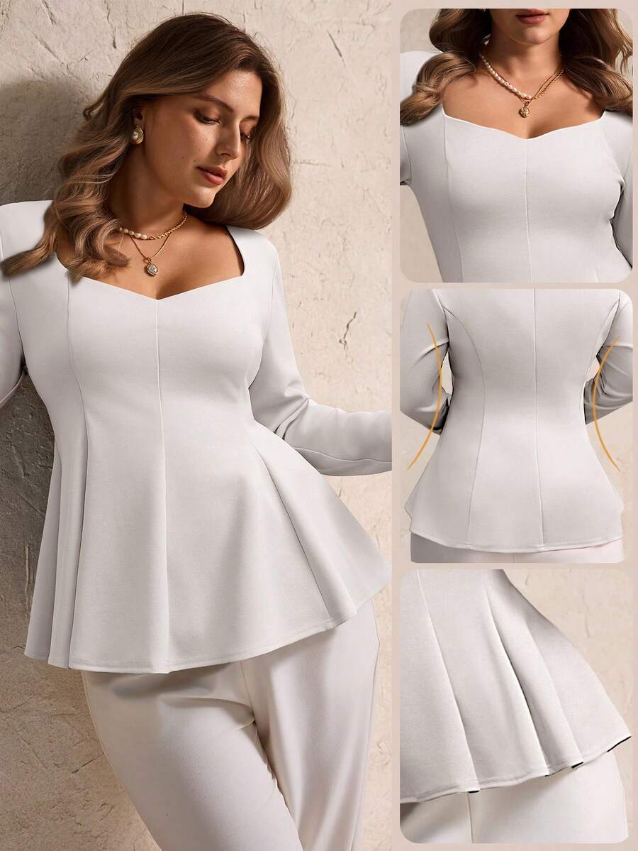 SHEIN LUNE Plus Size Women's Sweetheart Collar Square Neck Ruffle Hem Casual Blouse - White - View 1
