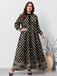 SHEIN Najma Vestido preto plus size feminino vintage com estampa floral geométrica, manga longa e gola com botões, perfeito para a primavera e o outono. - Multicolorido - Ver 4