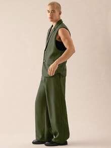 SWAVVY Standard Size Men's Casual Loose Fit Daily Vest Blazer And Pleated Loose Pants 2 Pieces Suit Set, Wedding - Olive Green - View 2