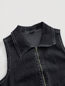 SHEIN MOD Bộ đồ liền thân denim không tay tối giản màu trơn dành cho nữ, trang phục thường ngày - Rửa tối - Xem 4