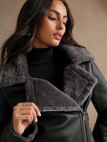 Anewsta 女式黑色 PU 皮革复合仿兔毛领夹克