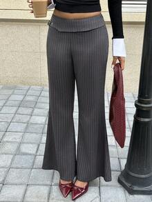 SHEIN EZwear Calça Flare Casual Listrada Tecida Cinza para Mulheres - Chumbo - Visão 3