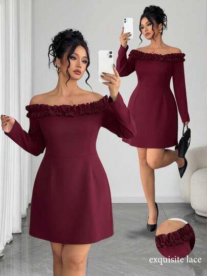 Elenzga Vestido largo de manga larga con hombros descubiertos, volantes y cintura acampanada, adecuado para el Día de San Valentín, salidas de otoño/invierno, fiestas y vuelta al colegio, tallas grandes