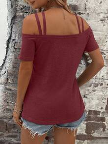 SHEIN LUNE 女士纯色镂空无袖休闲度假T恤 - 紅色 - 查看 2