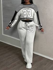 Slaydiva 23# 女士休闲字母图案街头风格宽松两件套运动服套装，适合秋冬