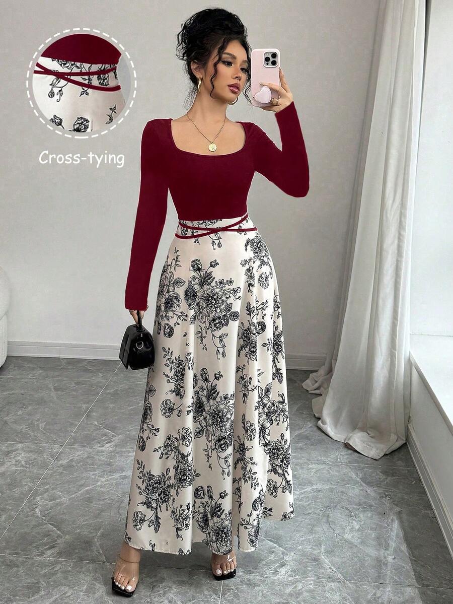 Elenzga Women's Elegant Commuter Color Block Floral Print Dress - Multicolor - View 1