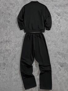 SHEIN Coolqubz Teen Boy 2pcs/Set Casual Streetwear Outfit For Teenage Boys, White Striped Deconstructed Design Stand Collar Zip-Up Jacket And Loose Straight Sweatpants, Suitable For Streetstyle Fall Winter - Black - View 2