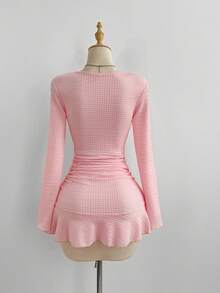 SHEIN Unity 1pc Women's Mini Dress, Blue V-Neck Jacquard Pleated Waist Ruffle Hem, Casual, Commute, Vintage Style, Autumn/Winter - Pink - View 2