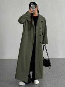 SHEIN Unity Women's Solid Color Drop Shoulder Long Sleeve Single Breasted Pocket Casual Loose Regular Jacket - Green - View 5