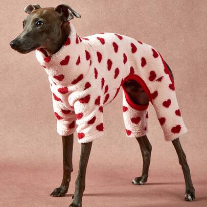 PETSIN Pawparrel 1pc Pet Autumn/Winter Fashion Cute Red Love Printed Double Sided Plush Warm And Elastic Comfortable Dog High Collar Jumpsuit