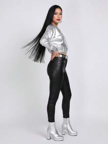 Mujer estilo urbano blusa efecto cuero brillante holgada cuello redondo manga larga otoño invierno noche diario blusa - Plateado - Ver 2
