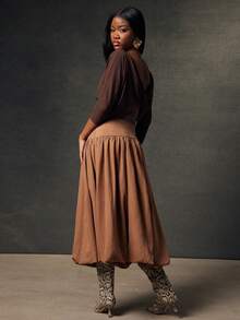 NYA SZN Skirt High Rise Bubble Brown Chic Elegant Event Party Casual Holiday Festival Midi Length Winter Carnival Outfits For Women - Coffee Brown - View 2