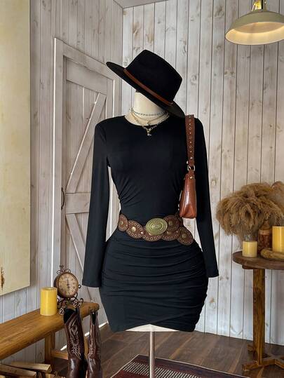 Wildy Höstlångärmad rynkad midja åtsittande elegant svart kort klänning för kvinnor