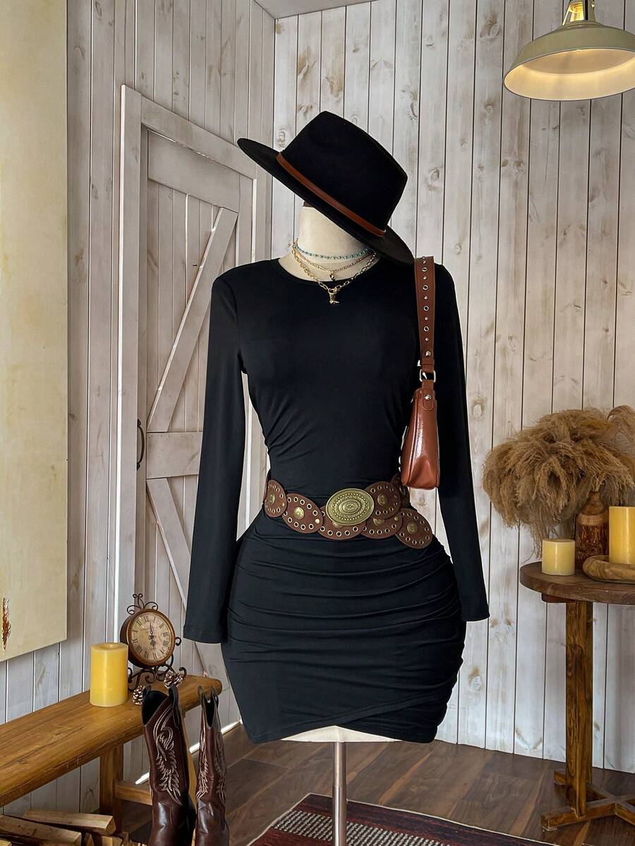 Wildy Autumn Long Sleeve Ruched Waist Tight Fitted Elegant Black Short Dress For Women - Black - View 1