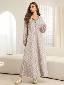 Al Najma Women's Autumn/Winter Button Hooded Colorblock Dress - Apricot - View 6