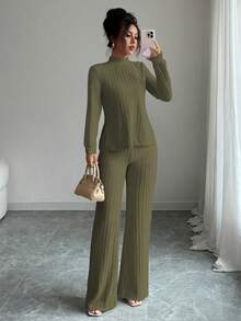 Elenzga 女士休闲长袖T恤长裤两件套，带保暖内衬，秋冬季 - 軍綠色 - 查看 4
