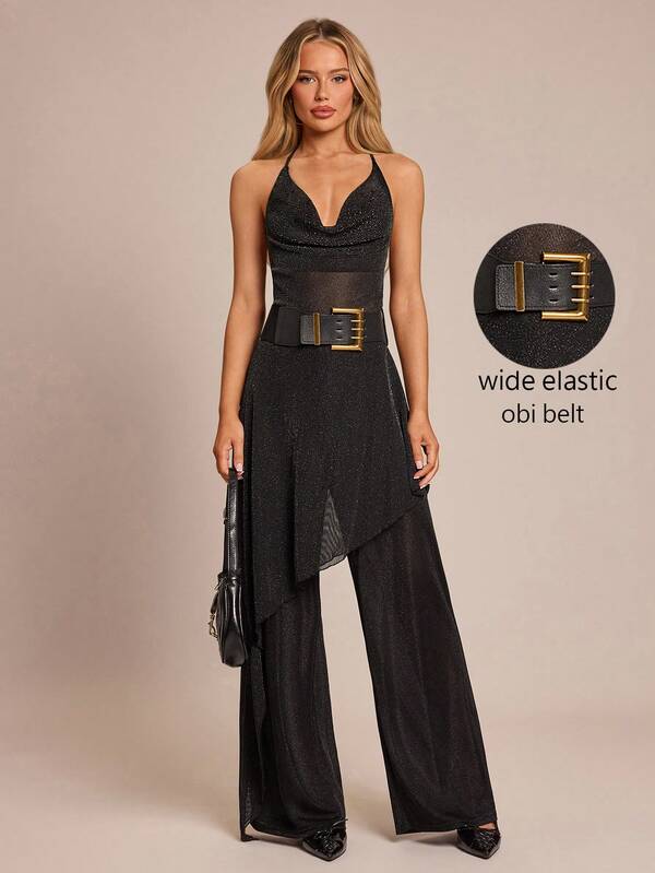 Glamine Mono brillante con cuello drapeado asimétrico para fiesta, mono de moda negro para otoño/invierno