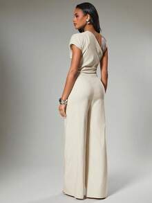 Hauture Formal Old Money Office Elegant Designer Wide Leg Jumpsuit - Apricot - View 6