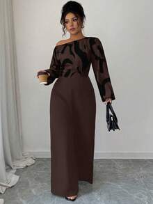 Elenzga Women's Printed Patchwork Waist Wide Leg Jumpsuit, Elegant Silhouette For Daily Commute And Versatile Wear - Chocolate Brown - View 3