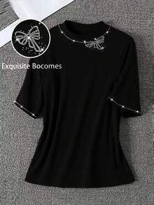 SHEIN Clasi 大码女士休闲T恤，中国风/度假风，适合派对、聚会、休闲装、圣帕特里克节、复活节、情人节、圣诞节、感恩节、柔软、宽松、舒适、百搭、修身、春夏、独立日 - 黑色 - 查看 1