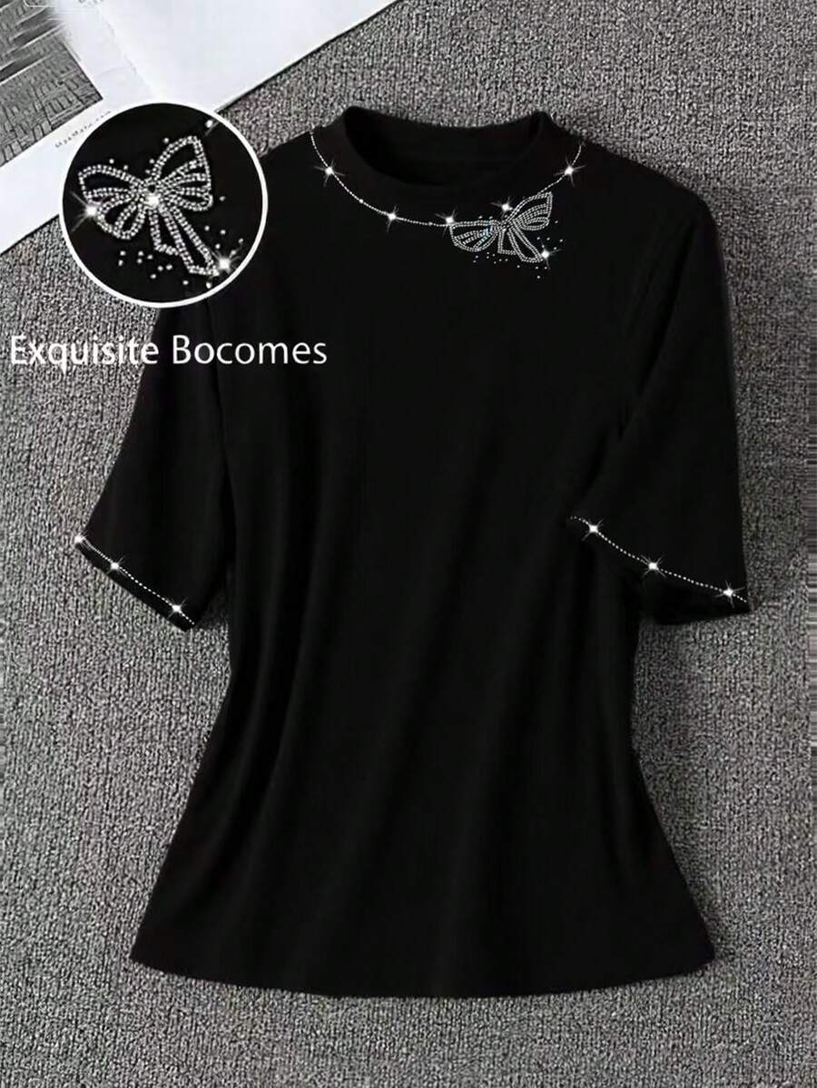 SHEIN Clasi 大码女士休闲T恤，中国风/度假风，适合派对、聚会、休闲装、圣帕特里克节、复活节、情人节、圣诞节、感恩节、柔软、宽松、舒适、百搭、修身、春夏、独立日 - 黑色 - 查看 1