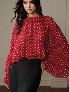Aveloria Rosie 复古红色底白色波点衬衫，袖口和下摆饰有多层荷叶边，波浪形领口后背系带，柔美优雅，适合下午茶和约会穿着。 - 紅色 - 查看 6