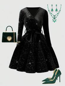 SHEIN Girls' Emerald Green Velvet Rhinestone Patchwork Asymmetric Collar Dress, Suitable For Party, Fashion, And Holiday Occasions - Black - View 3