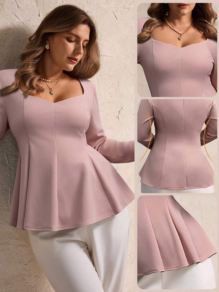 SHEIN LUNE 大码女式甜心领方领荷叶边下摆休闲衬衫 - 藕粉色 - 查看 1